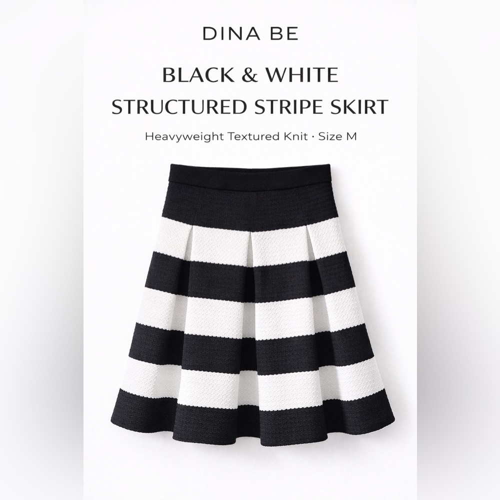 Dina Be Black White Striped Structured Knit A-Line Skirt Textured Heavy Weight
